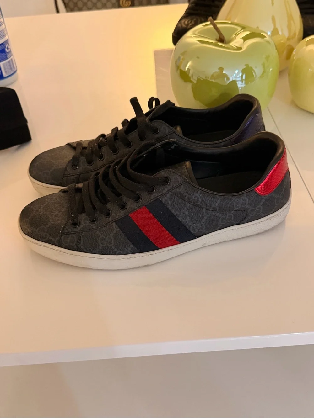 Gucci Black GG Monogram Low-Top Sneakers with Red and Blue Stripe